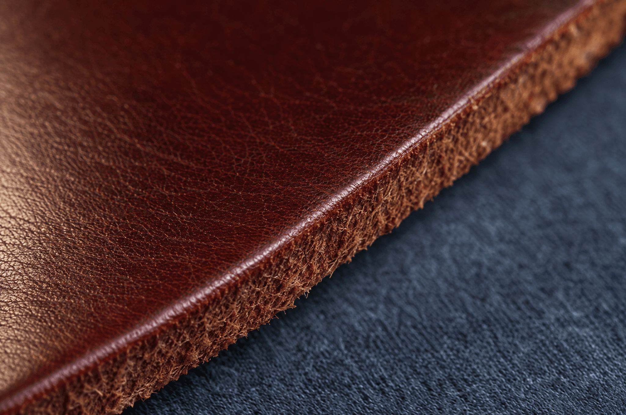 Close view of the cut edge of tan leather, dyed dark red and smoothed to a soft sheen.