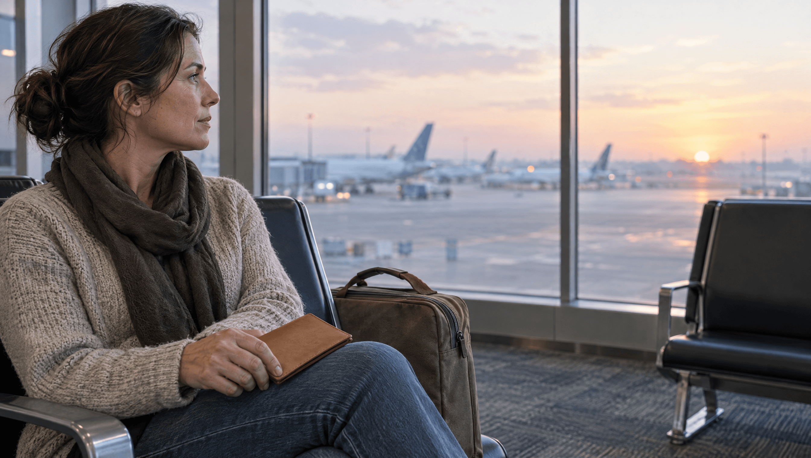 A woman at an airport window at dawn holds a tan leather travel wallet with dark red edges on her knee.