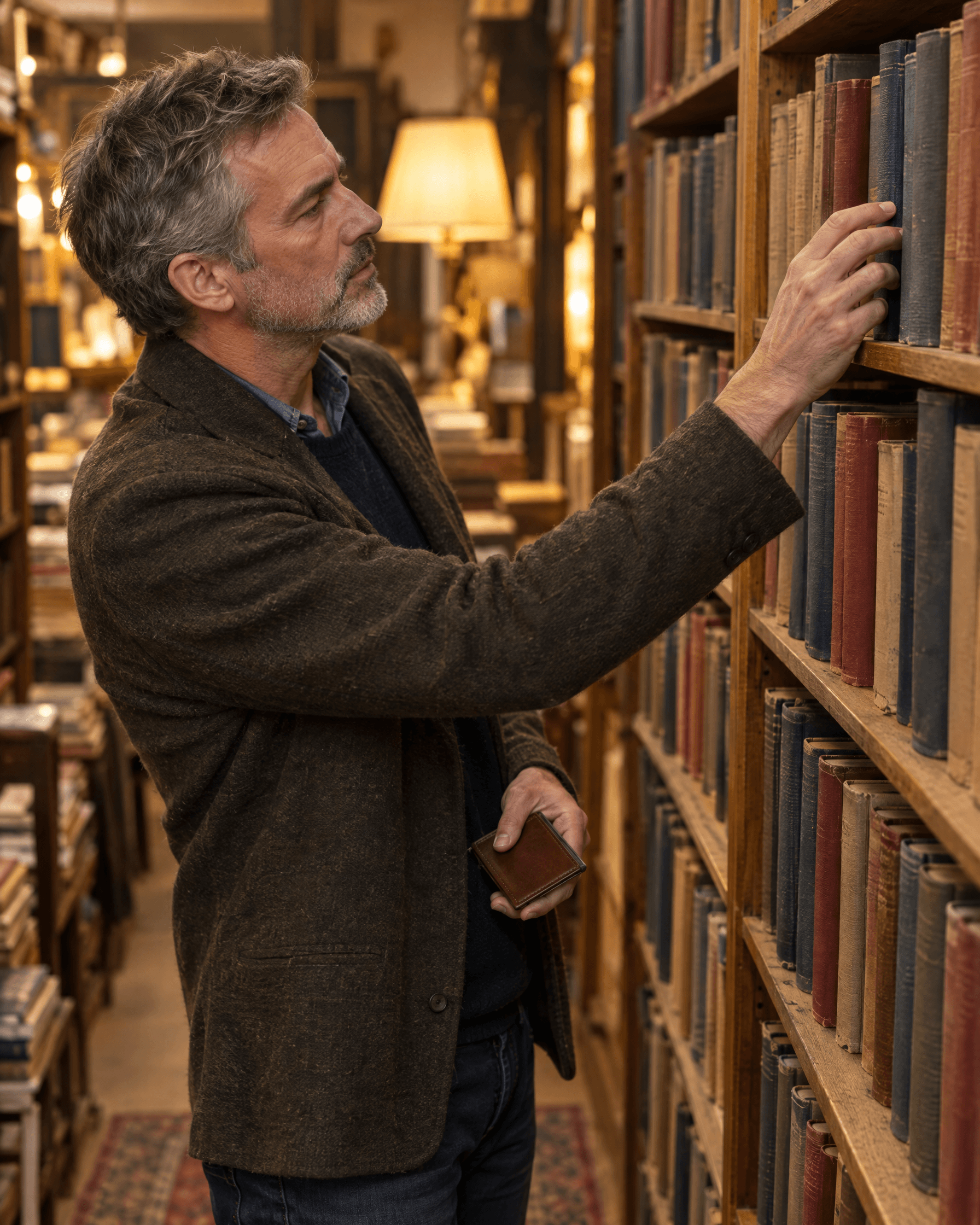 A man with grey stubble reaches for a book in a narrow secondhand bookshop, a leather card holder in his other hand.