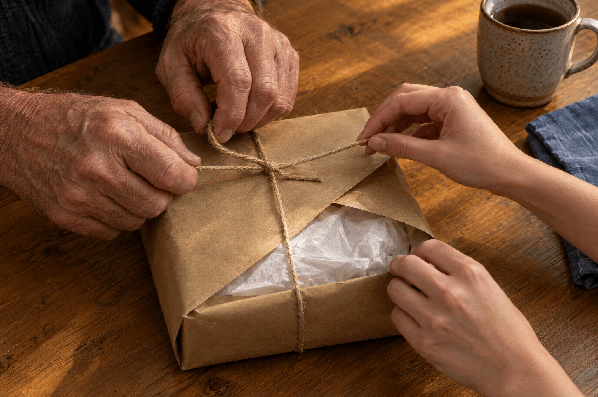 Two pairs of hands untie twine from a plain brown paper parcel on a wooden table.